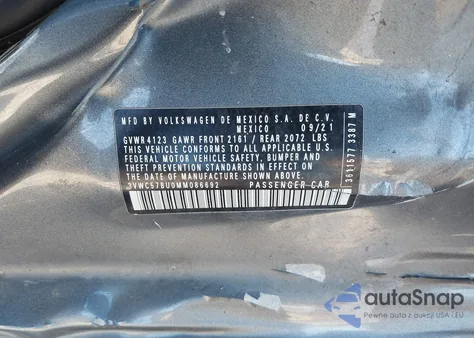 2021 Volkswagen Jetta 1.4T R-Line/1.4T S/1.4T Se z USA, uszkodzony, nr VIN 3VWC57BU0MM086692